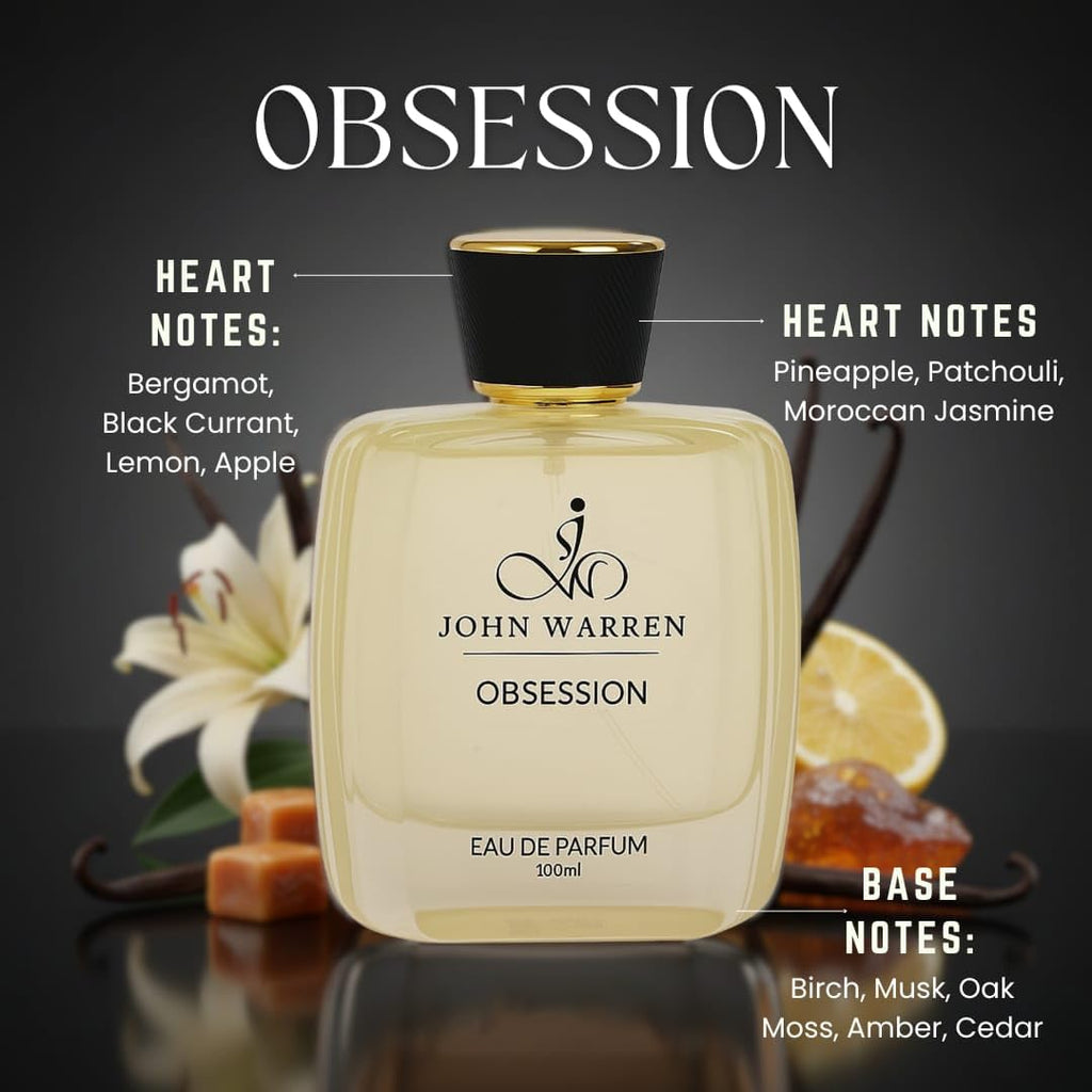 JOHN WARREN OBSESSION Luxury Perfume For Men, Long-Lasting Eau De Parfum with Bergamot, Pineapple,Moroccan Jasmine and Musk, Fresh & Strong Everyday Fragrance-100 ml