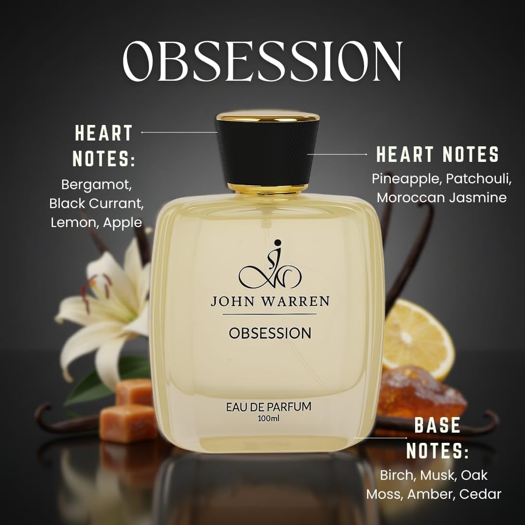 JOHN WARREN OBSESSION Luxury Perfume For Men, Long-Lasting Eau De Parfum with Bergamot, Pineapple,Moroccan Jasmine and Musk, Fresh & Strong Everyday Fragrance-100 ml