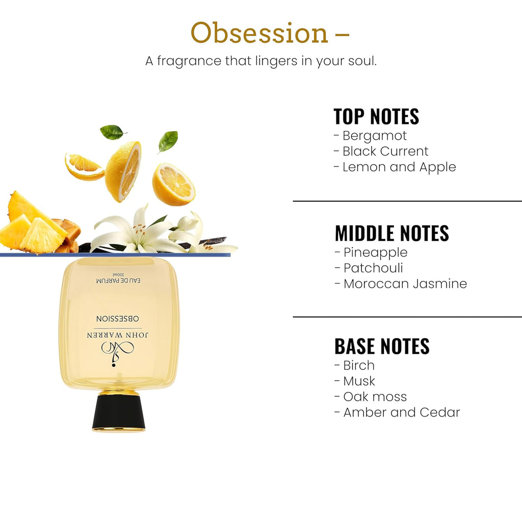 JOHN WARREN OBSESSION Luxury Perfume For Men, Long-Lasting Eau De Parfum with Bergamot, Pineapple,Moroccan Jasmine and Musk, Fresh & Strong Everyday Fragrance-100 ml