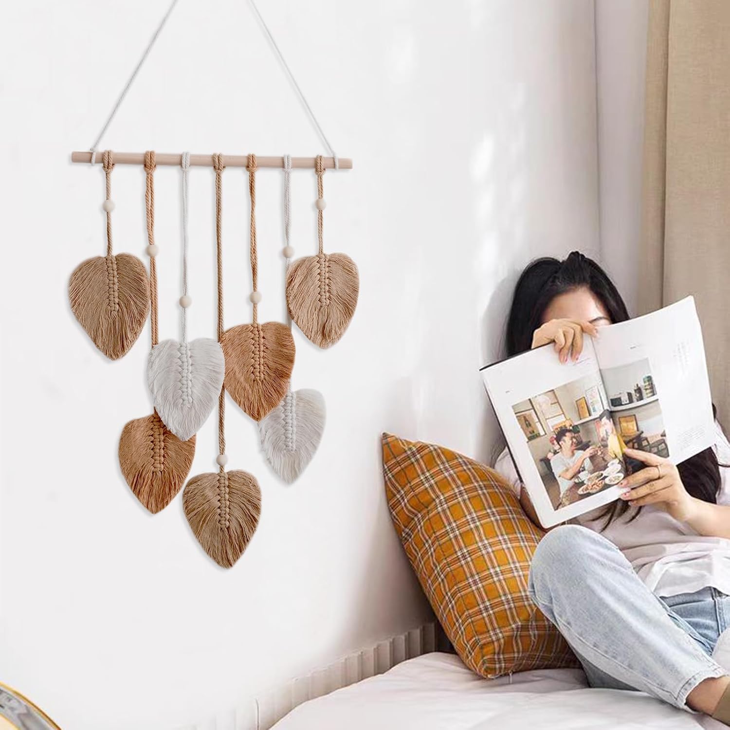 HNLMZ Arazzo da Parete in Macramè,Arazzi Tessuti a Mano in Stile Boemo,Arazzo Fatto a Mano Decorazione da Parete Per Soggiorno, Camera da Letto, Matrimonio, Decorazione Natalizia (Cachi)